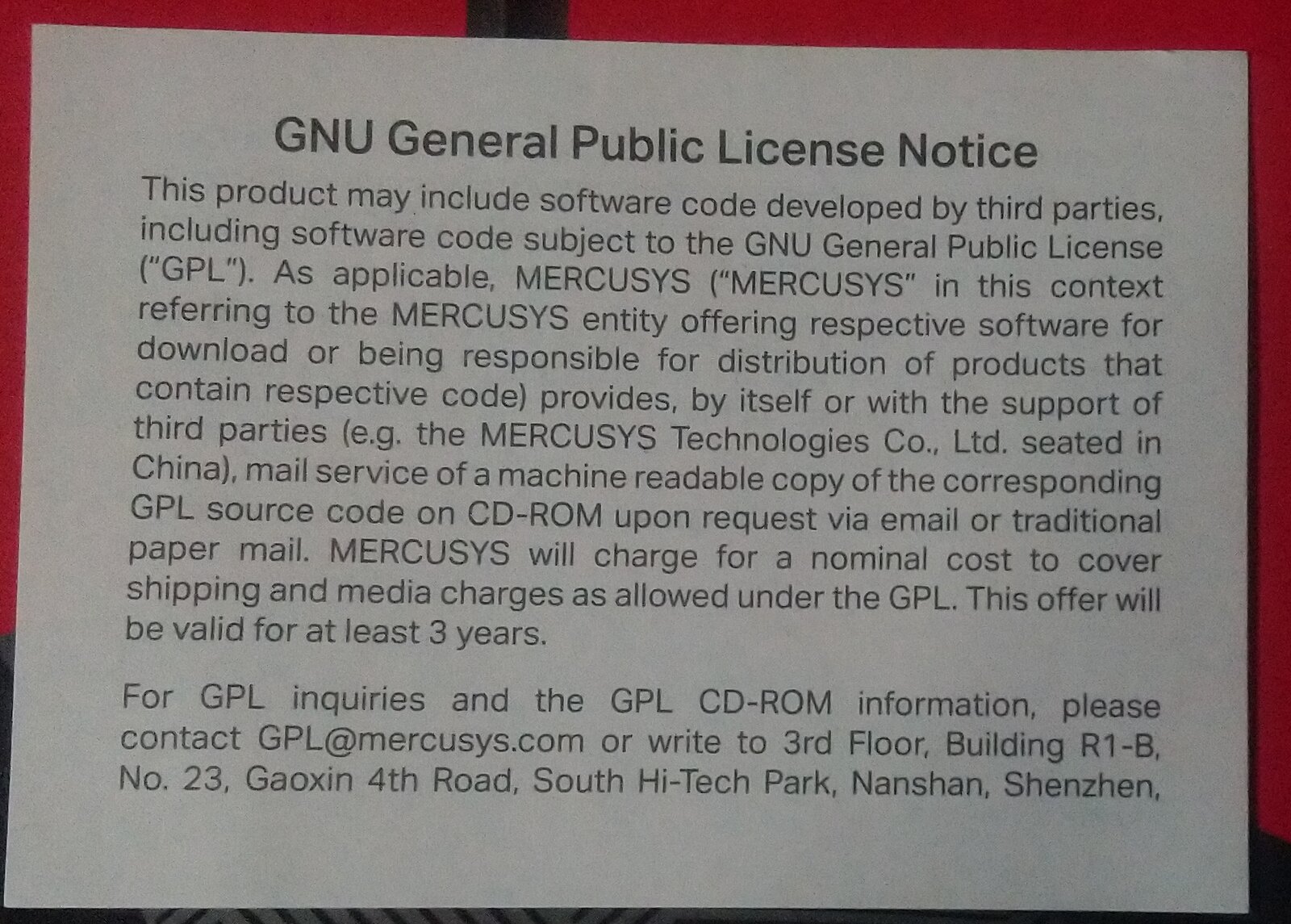 The GNU General Public License Notice leaflet from the box