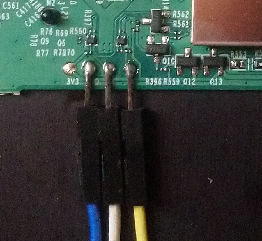 UART header with three jumpers soldered